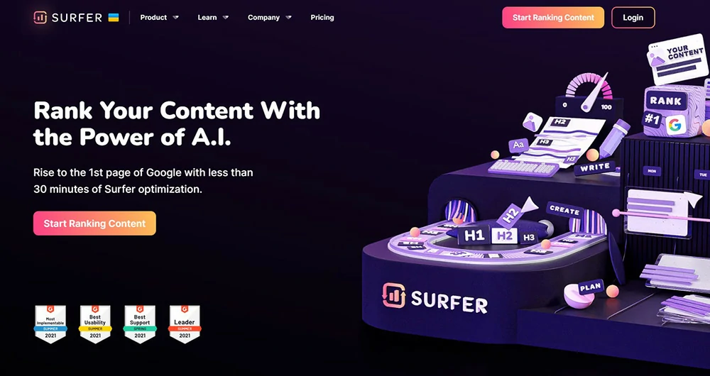 SurferSEO Software Homepage
