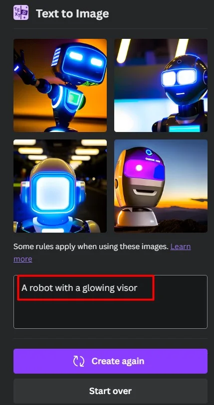 Text to image feature of canva